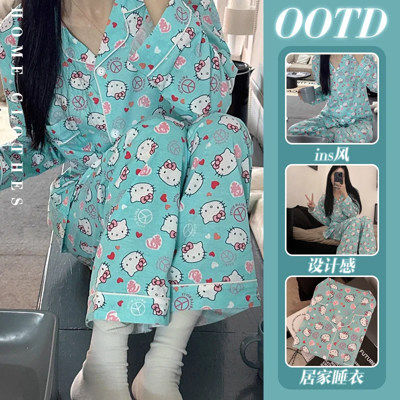 

New Sanrio Hello Kitty Anime Lapel Pajamas Couple Models Loose Leisure Suit Sweet Cute Long-sleeved Pants Two-piece Holiday Gift