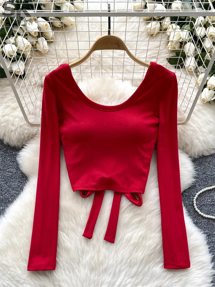 SINGREINY Autumn Sexy Blouse Women Long Sleeve Lace Up Bow Design Backless Fashion High Quality Slim Hotsweet Solid Shirt