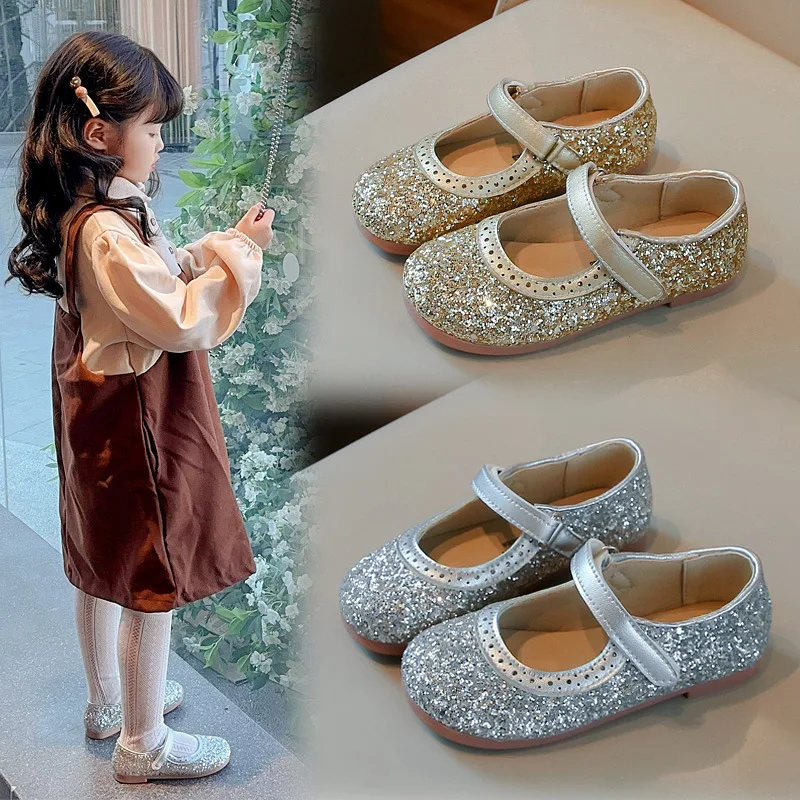 

Spring new girls' leather shoes with soft sole anti slip princess shoe breathable Mary Jane shoes sequined girl single shoe 여아신발