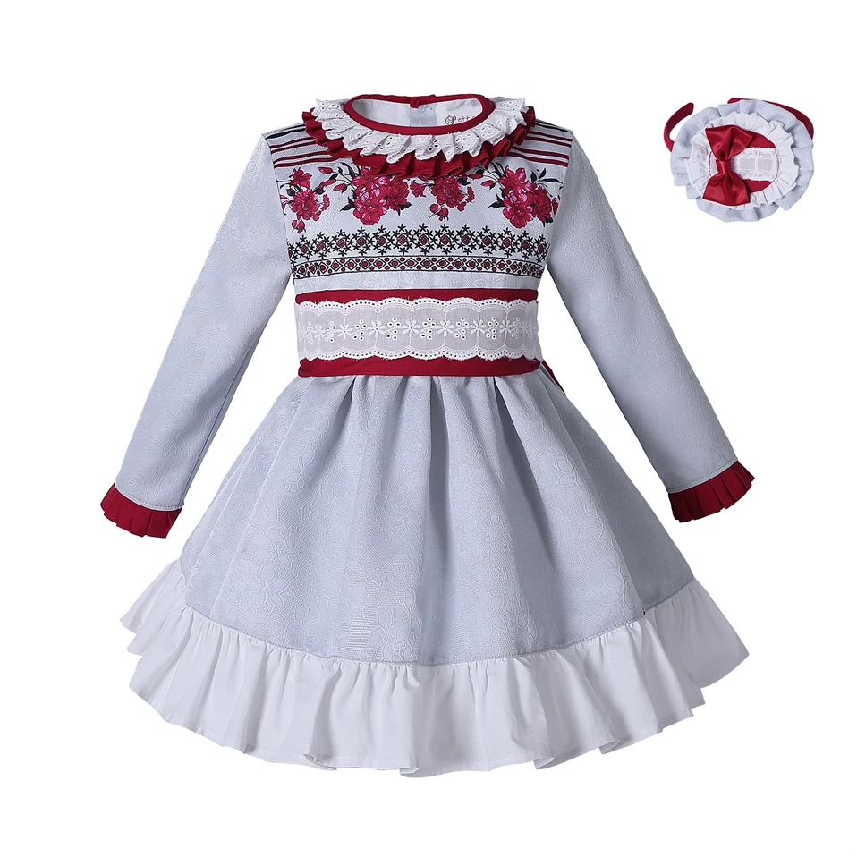 

Pettigirl осенне-зимнее платье в стиле ретро для девочек, синее, красное, с цветочной вышивкой и длинными рукавами, праздничное платье для дня рождения с повязкой на голову