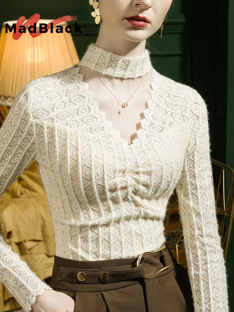 

MadBlack-Women's European Brushed T-Shirt, Sexy Halter Lace, Streetwear Long Sleeve Slim S-3XL Tee, 2025 Winter New T5D608CC