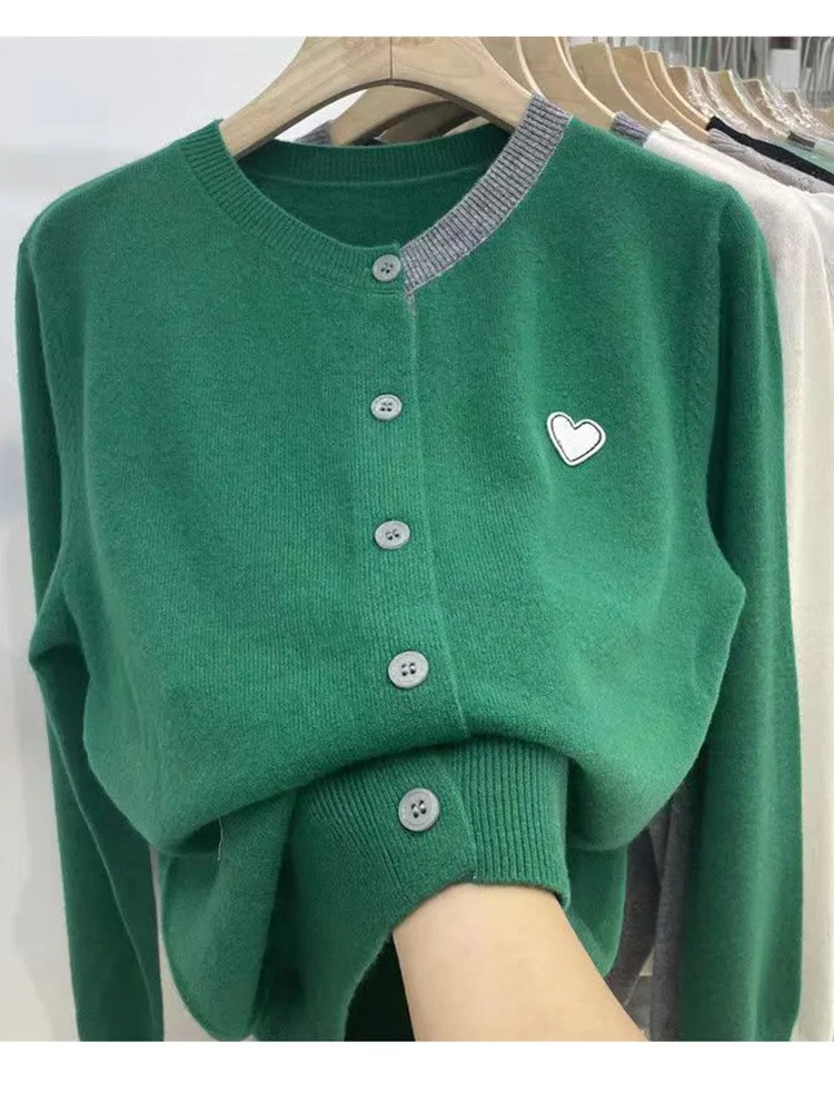 Primavera e autunno coreano delicato Cardigan lavorato a maglia donna Patch manica lunga fondo Top occidentale maglione di lana sciolto cappotto