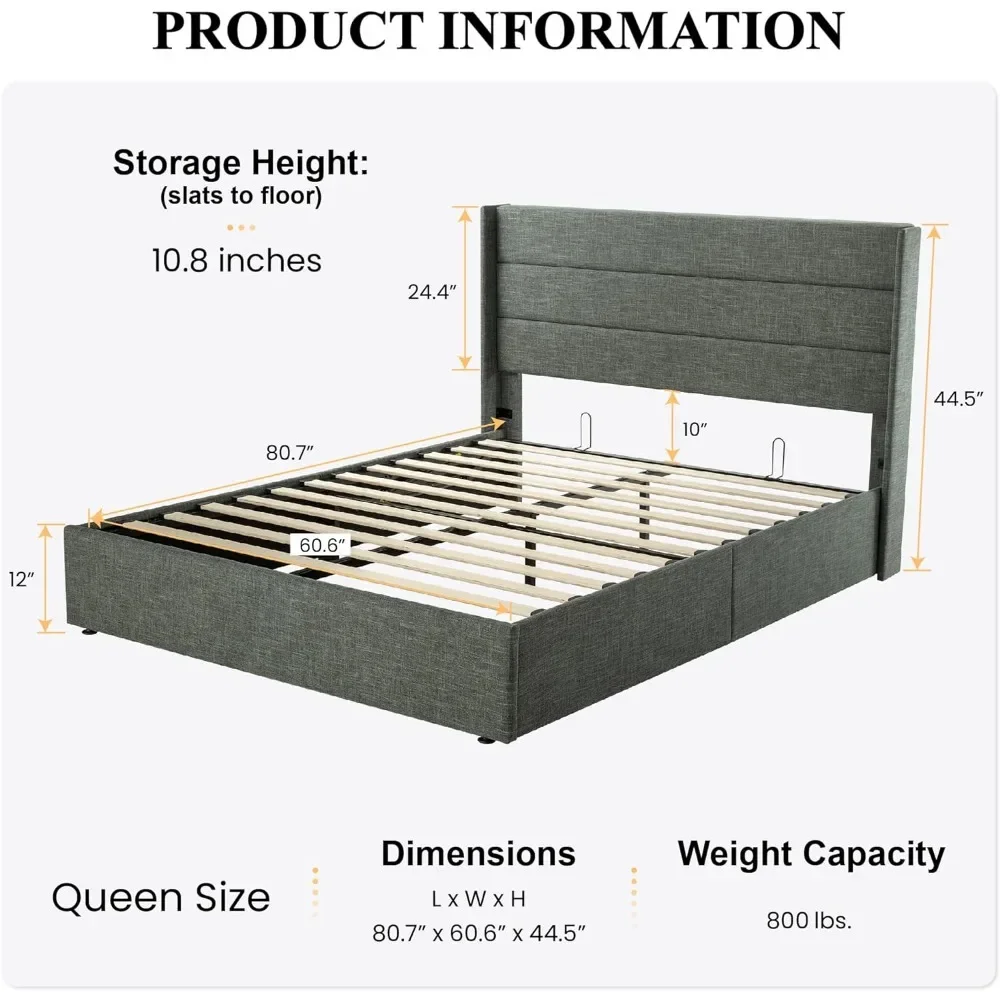 Queen Size Lift Up Storage Bed/Modern Wingback Headboard/Upholstered Platform Bed Frame/Hydraulic Storage