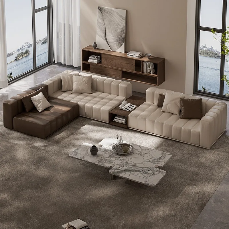 Piano key sofa, all green leather Italian minimalist living room large corner first layer cowhide module combination sofa
