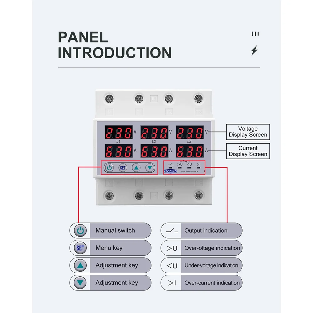 Din Rail 3 Phase Voltage Relay 380V Voltmeter Ammeter over and Under Voltage Monitor Relays Protector 100A