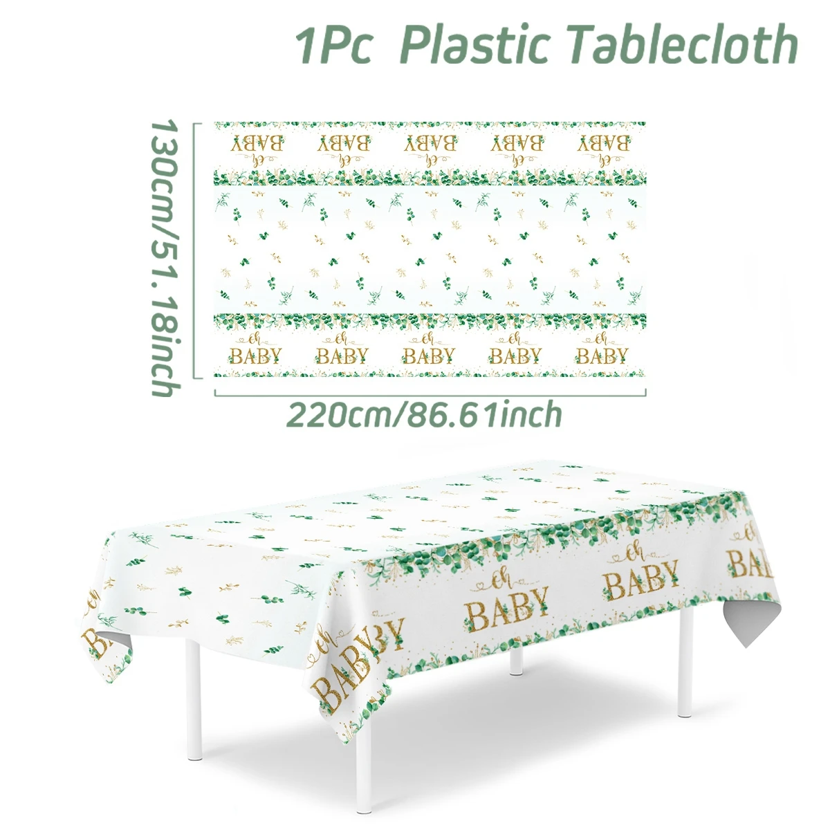 220x130cm Sage Green Tablecloth Oh Baby Disposable Plastic Rectangle Eucalyptus Leaf Table Cover Baby Shower Party Decorations