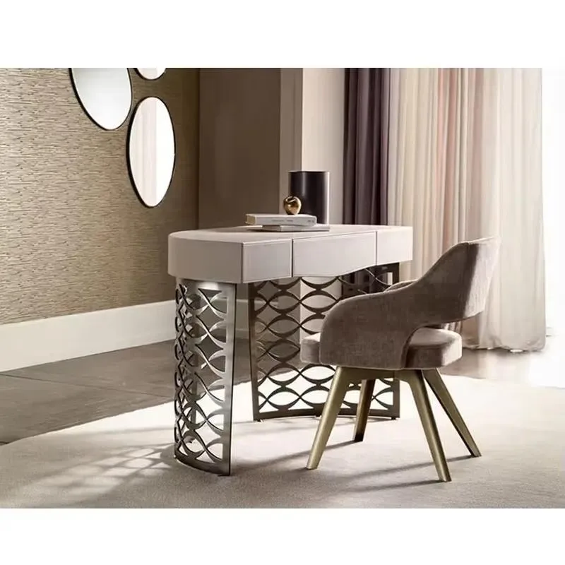 Luxury Executive Stainless Steel Desk with Leather Top Home Office Computer Gaming Table and Chair Set