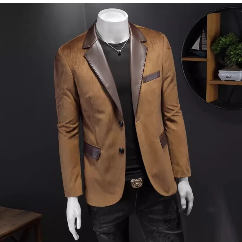 Men's Fall Winter Coat Top Suit Leather Collar Splicing Simple Comfortable Loose Casual Design Fashion Advanced Niche Versatile