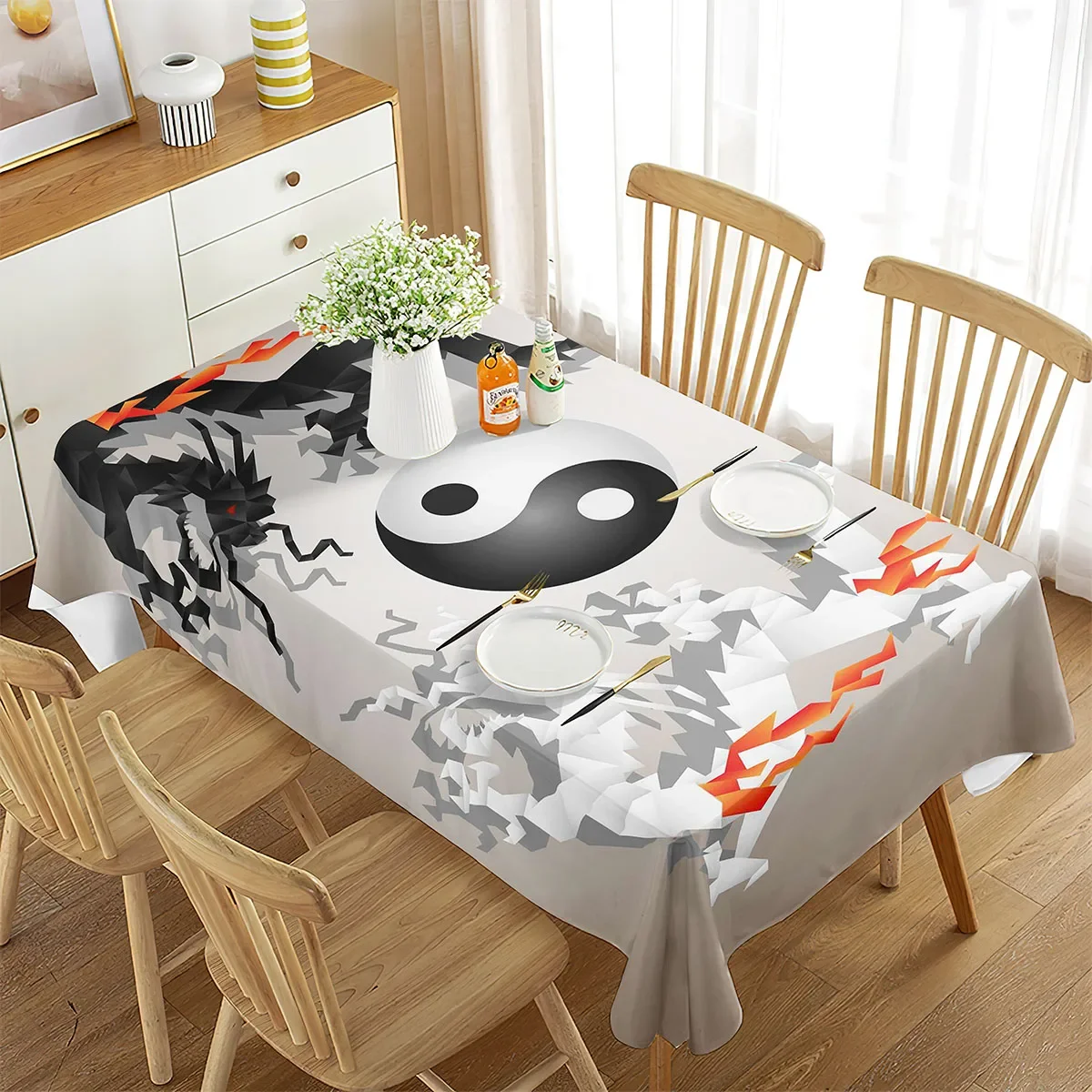 Yin Yang Pattern Tablecloth Rectangular Dining Table Black and White Table Cover Coffee Table Mat Kitchen Minimalist Decoration