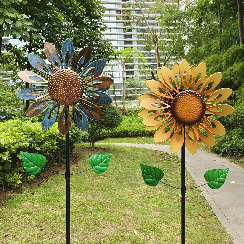 ديكور شرفة الحديقة على الوجهين، ضوء الحديقة الدوارة في الهواء الطلق، طاحونة هوائية من الحديد المطاوع، زخرفة أرضية عباد الشمس