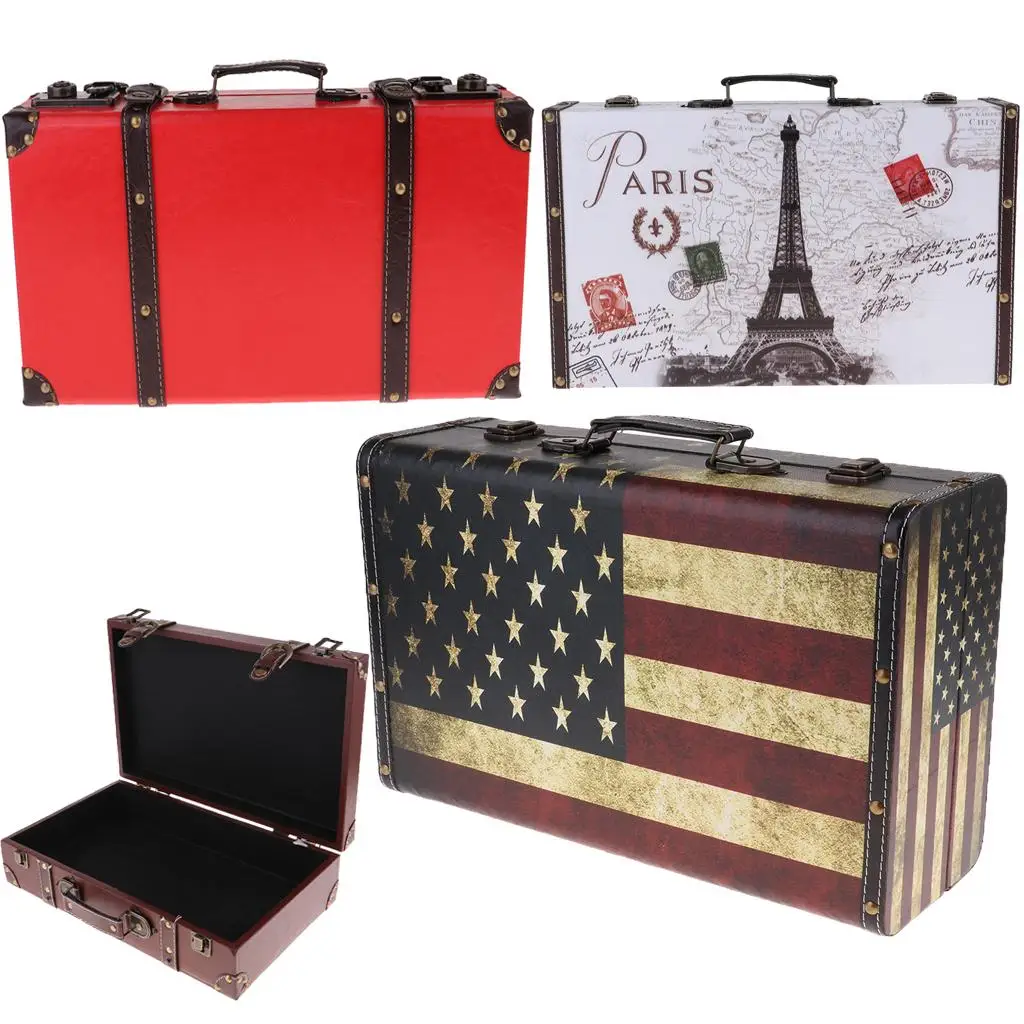 Fashion Retro Leather Wood Luggage Suitcase Clothes Storage Suit Box Home Art Decoration