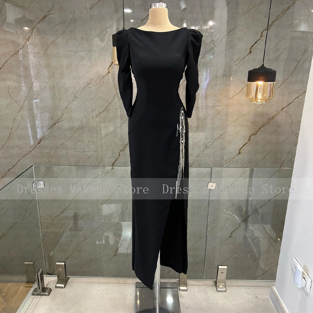 Black Evening Dress for Women 2023 Half Sleeves Sheath/Clumn  Gown Ankle Length Beading Scoop Formal Wedding Party