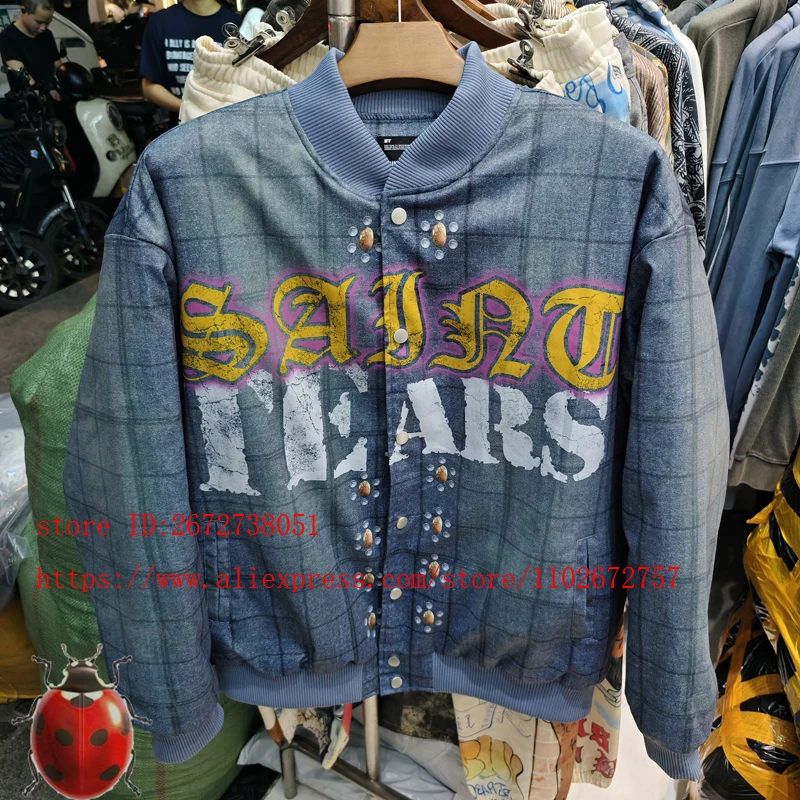 Plaid SAINT TEARS Cracked Letters Print Baseball Jackets Men Women High Quality Blue Retro Cardigan Button Casual Loose Jacket