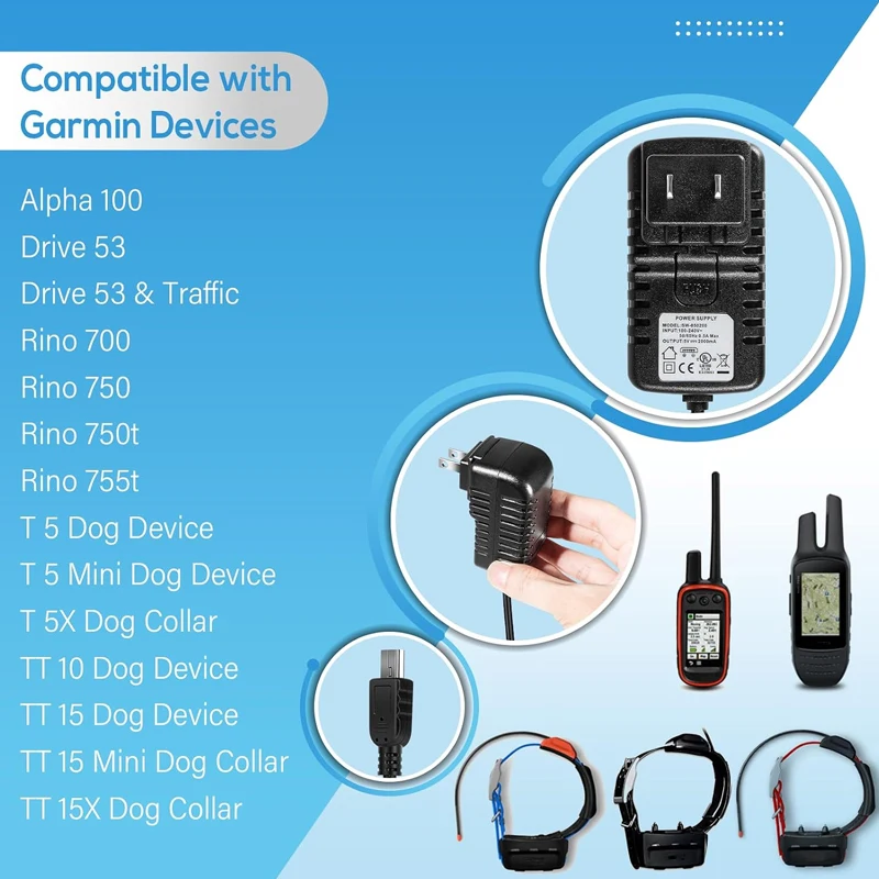 AC Power Adapter Cable USB Cable 010-11873-00 For Garmin Alpha 100, Drive 53, Rino 700/750/755T, T 5/5X, TT 10/15/15X Dog Device