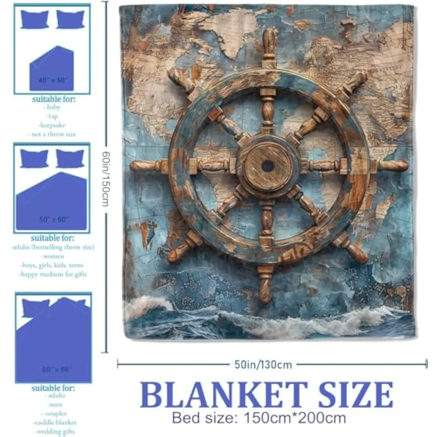 Vintage Ship Wheel Nautical Map Throw Blanket Soft Flannel Cozy Maritime Art Print for Ocean Lovers Home Decor