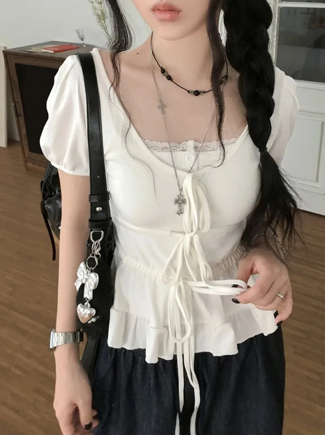 T-shirt d'été coréen pour femmes, ort Sve Bubble Sve, nœud en dentelle, coupe droite, couleur Pure, vêtements de trajet