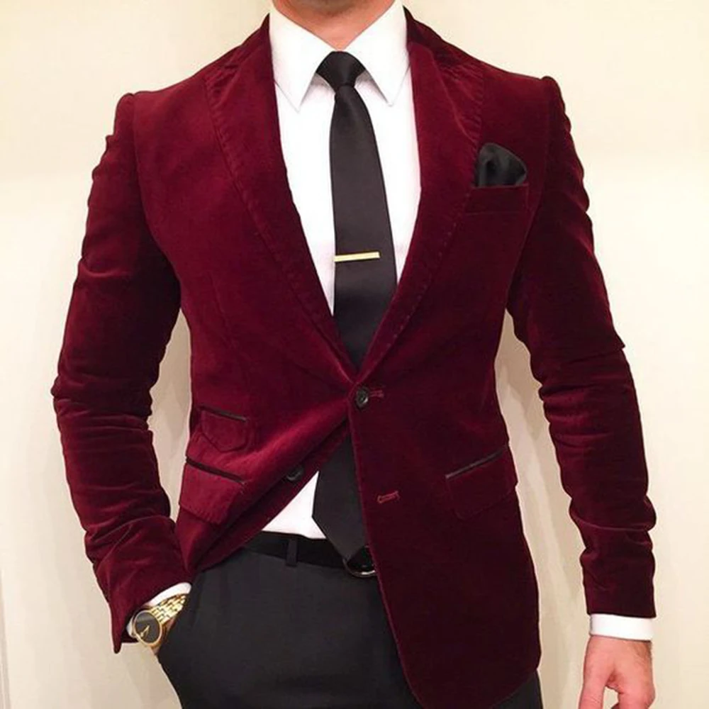 Men\'s Burgundy Velvet Blazer Two Buttons Peak Lapel Coat Business Dinner Prom Jacket Only One Coat