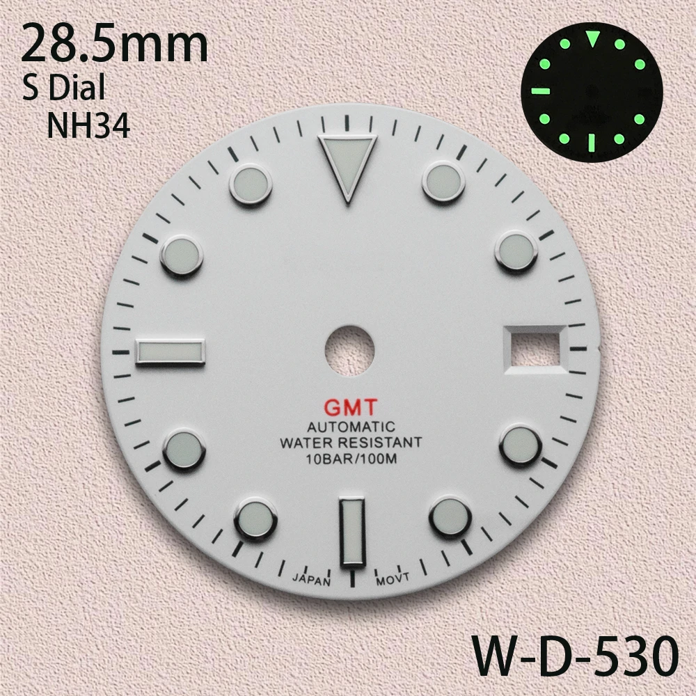 28.5mm White GMT S Dial Fit NH34 Automatic Movement C3 Green Luminous High-Quality Watch Modification Accessories