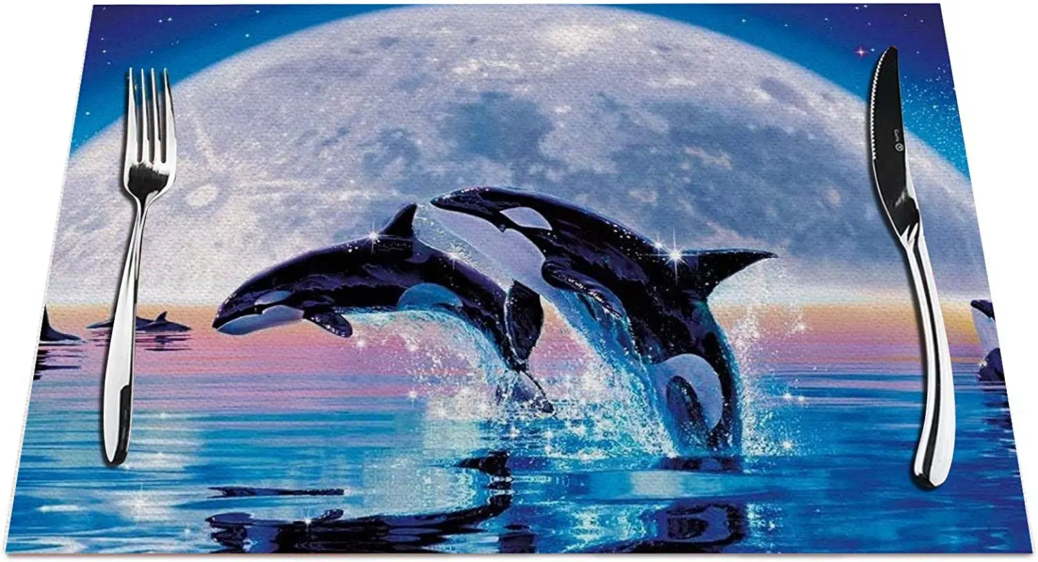 

Killer Whales Placemats Set of 4, Killer Whales Jump Out of Ocean with Full Moon Placemats Heat Resistant for Dining Table