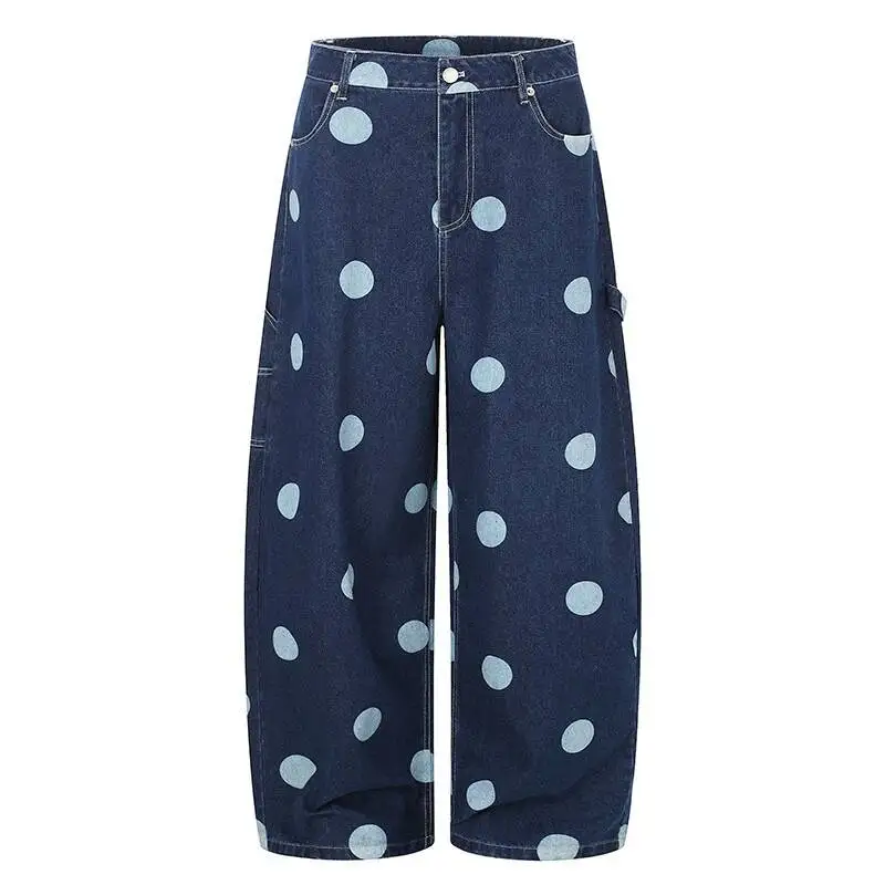 Dot Printed Polka Curved Wide Leg Denim Jeans For Men Women Vintage Street Heart Back Pocket Loose Casual Pants J2LW