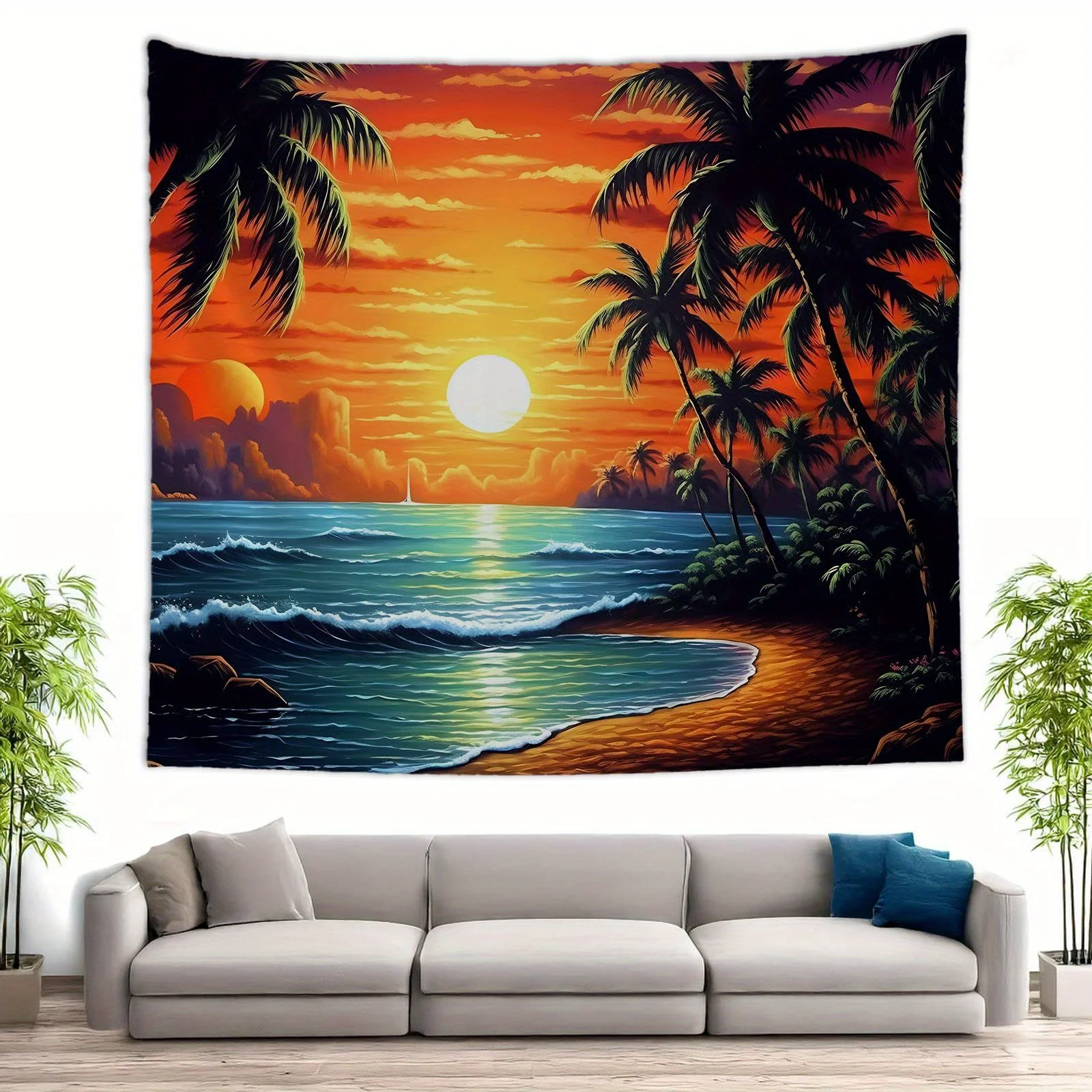Tapisserie de coucher de soleil tropical : art mural vibrant, séné et bien relaxant pour une déclaration de décoration inspirée de la plage