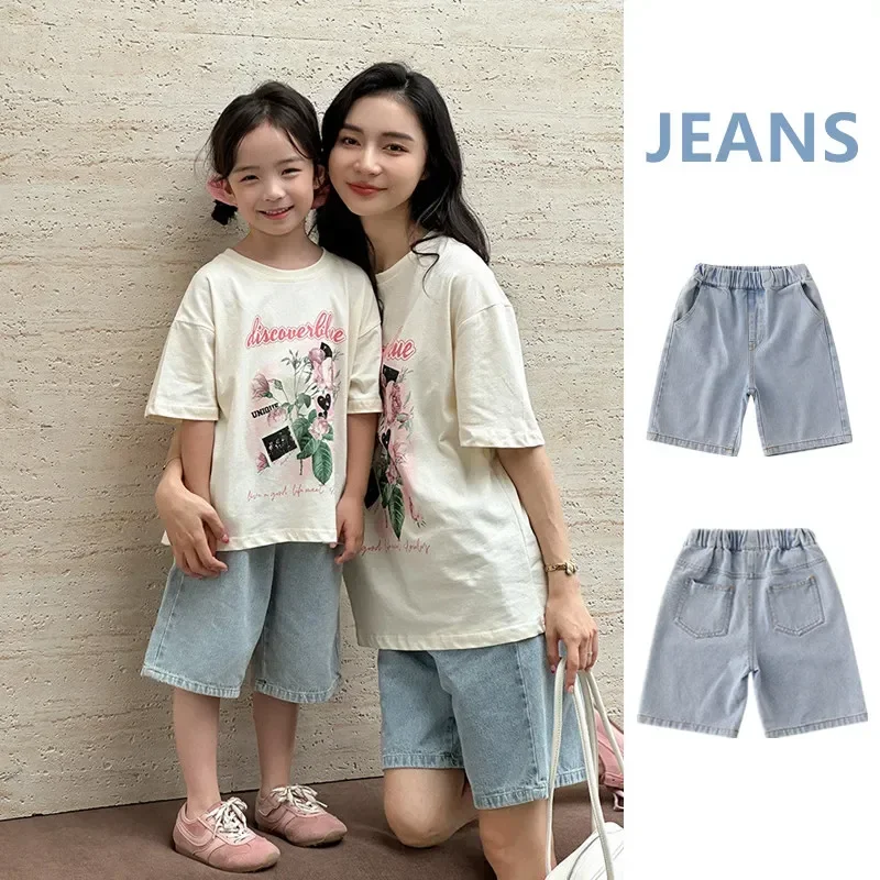 

Summer Light Blue Denim Shorts for Family Parent-Child Matching Outfits Casual Mother Father and Son Daughter Jeans Short Pants