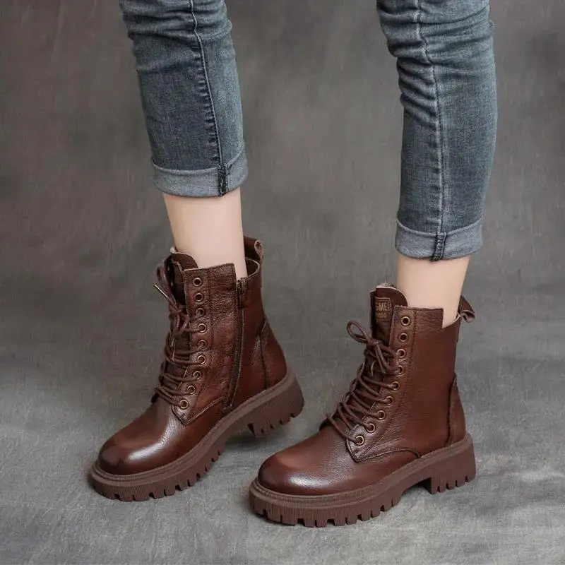 Booties Leather Round Toe Punk Style Combat Woman Short Shoes Zip With Laces Trend 2025 Boot Y2k Sale Pu Ankle Boots for Women