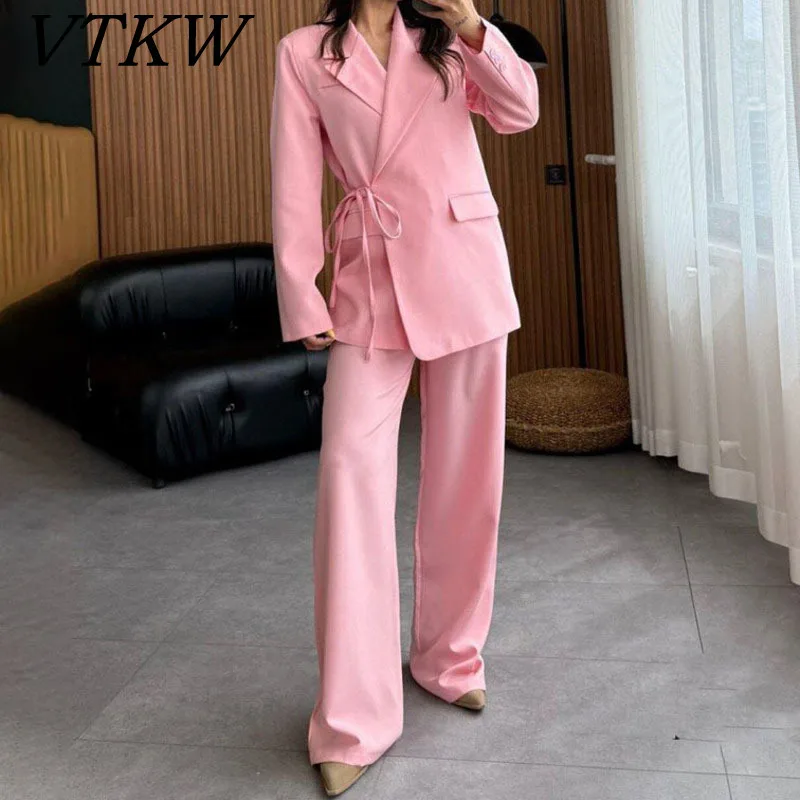

VTKW Women’s Tie-Waist Lapel Jacket Wide-Leg Pants 2-Piece Oversized Lightweight Co-ord Outfit Casual Office Spring Summer 2025