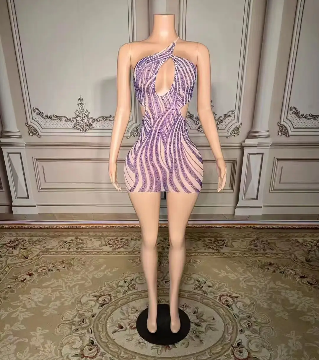 

ZD Sparking Diamonds Crystal Sexy Mesh See Through Bodycon Mini Dress Women Birthday Party Celebrate Performance Costume