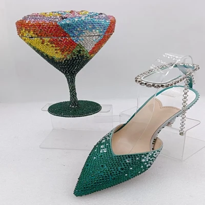 

INSIGHTLINK Nigerian Women's Gold Silver gems heeled sandals Rhinestone high-heeled shoes Weddings Party Dress Blue Stones shoes
