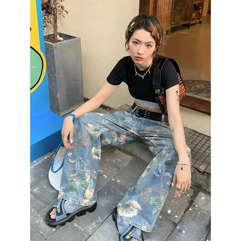 Vintage Green Floral Y2k Fashion Denim Jeans Pants For Womens Camo Hot Straight Loose Cowboy Trousers Trend Wide Leg Women