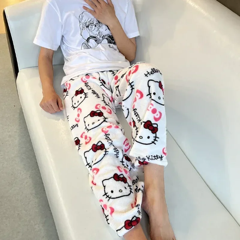 Sanrio Hello Kitty Cute Cartoon Pajamas Flannel Pants Multicolour Women Casual Home Fashion Trousers Girl Clothes Gift