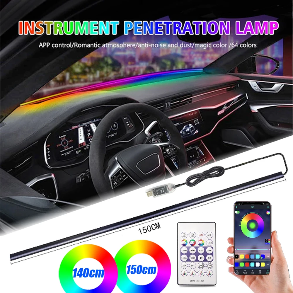 150cm Windshield Colorful LED DIY Car Interior Hidden App Remote Control Atmosphere Lamp Dashboard USB Car Ambient Light Strips