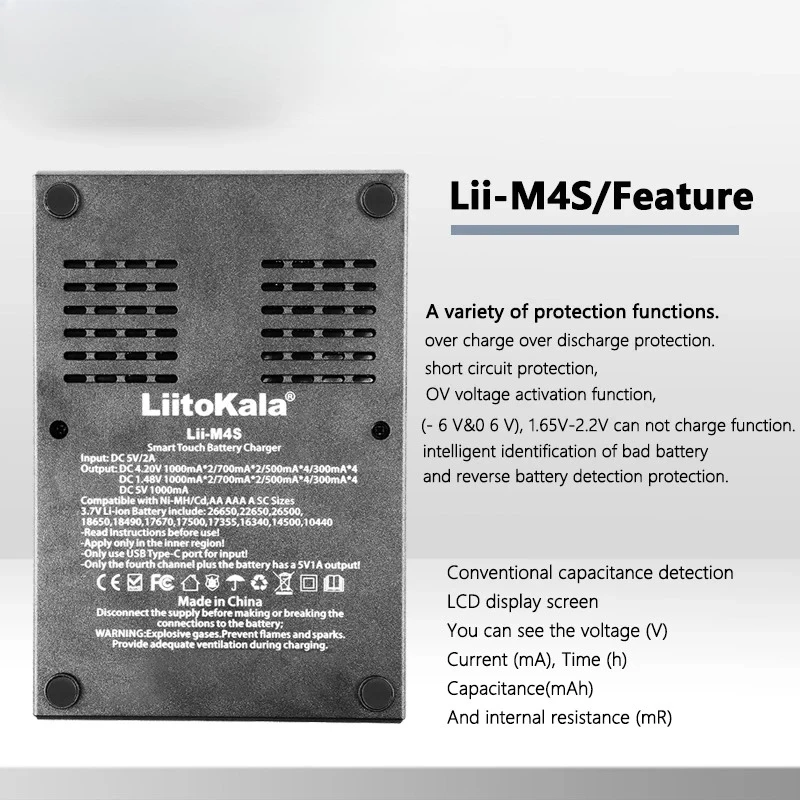 LCD Display Fast Charging Auto-Detect 18650/AA/AAA Multi-Protection USB-C Input Lii-M4S/M4 Smart Charger