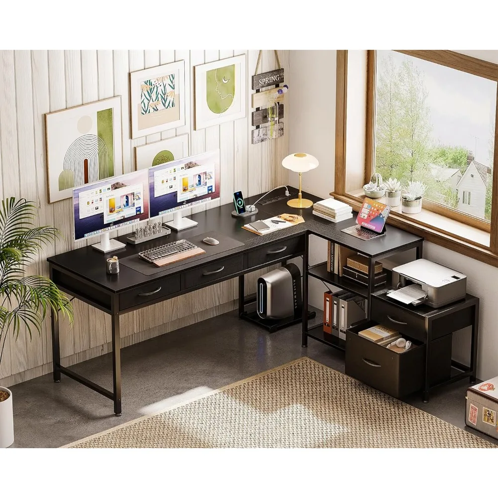 

L Shaped Computer Desk with Fabric Drawers and File Cabinet, 61" Reversible Home Office Workstation Desk with Power Outlets