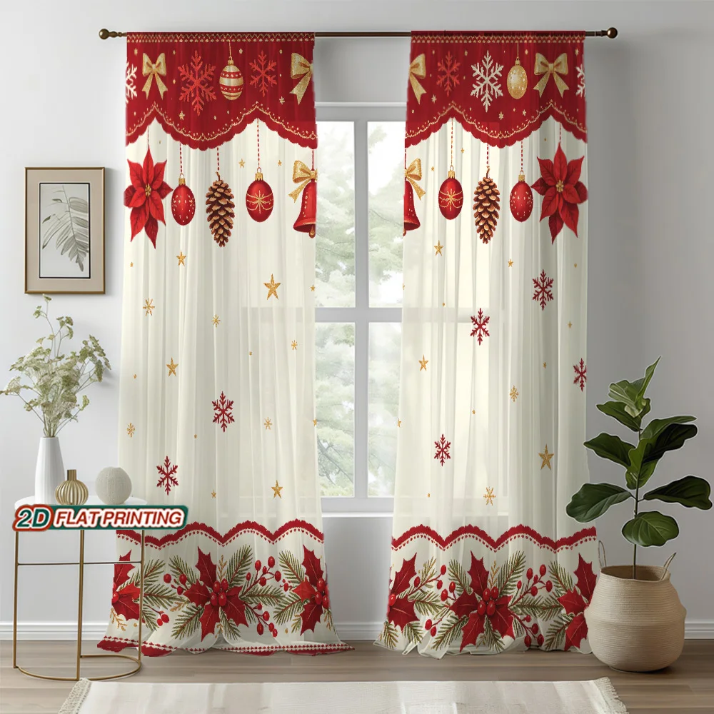 2PCS Christmas Sheer Curtains, Poinsettia Pinecone Red Berry, Digital Print, Bedroom Living Room Home Decor, Rod Pocket