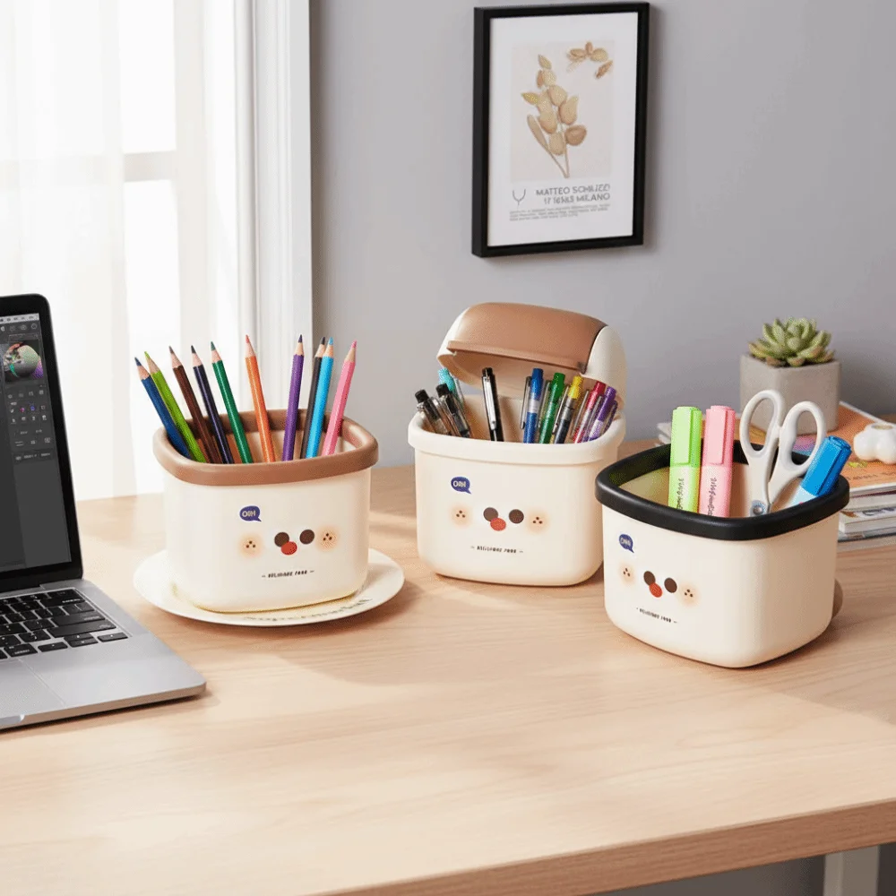 

Cartoon Design Desktop Trash Can Pen Holder Student Supplies Plastic Storage Bucket with Lid Mini Covered Bin Desk Organizer