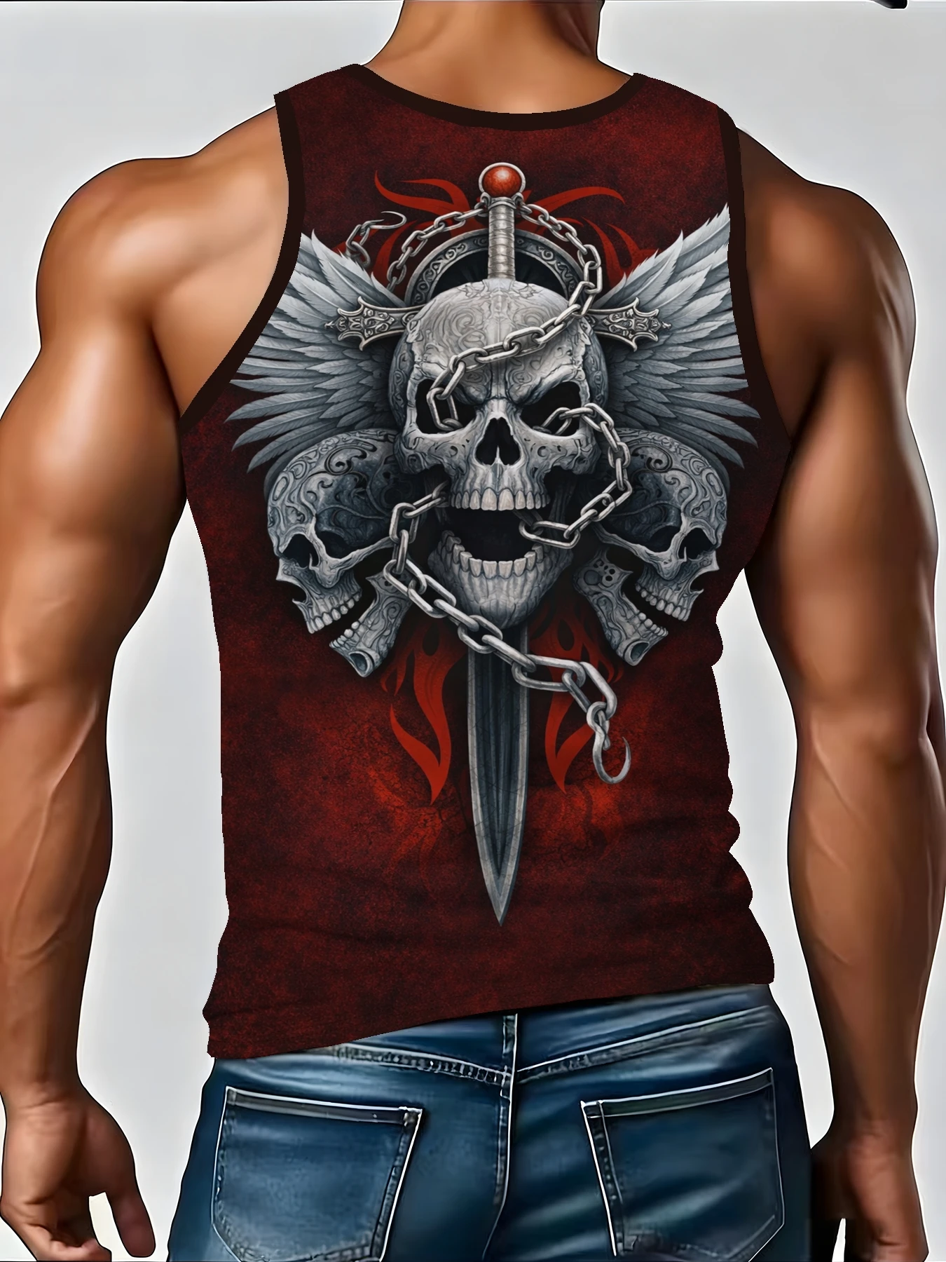 Men's Gothic Skull Sword Wing Chain Print Tank Top, Vintage Dark Red Sleeveless Vest For Punk Rock Street Casual Wear Top