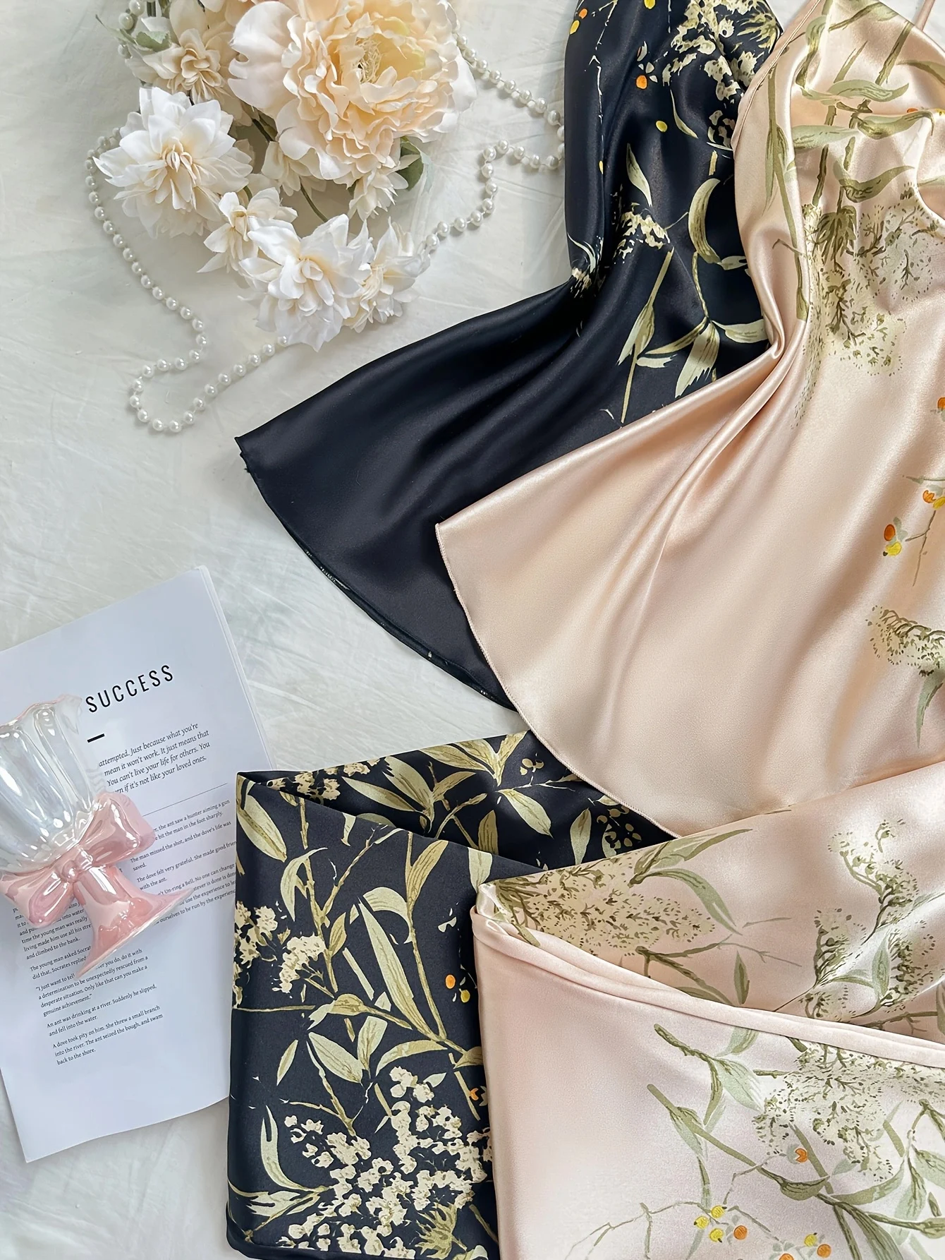 Autumn Women Satin Pajama Set Cherry Floral Print Cami Top and Shorts Sleepwear Versatile Outfit Elegant Comfortable  Loungewear