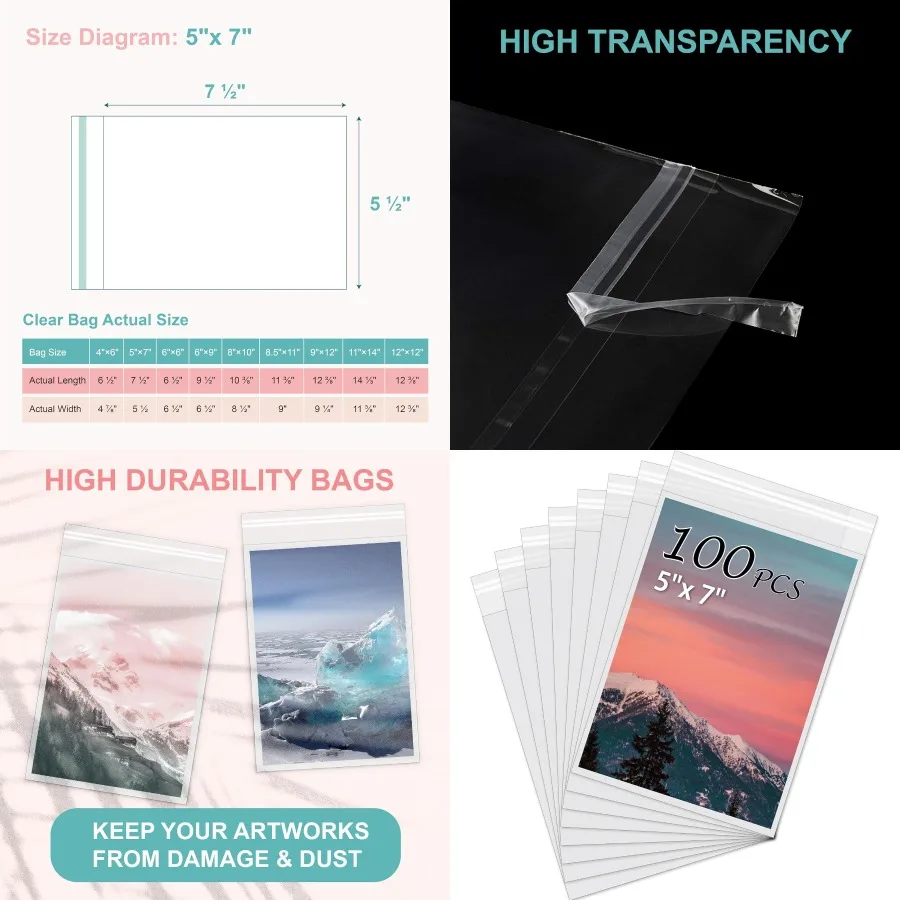 ซองใส่ภาพแบบไม่มีกรด 100 ชิ้น ถุงเก็บภาพใสสำหรับภาพพิมพ์งานศิลปะขนาด 5x7 นิ้ว รูปภาพ และแผ่นรองกรอบ เหมาะสำหรับการปกป้อง