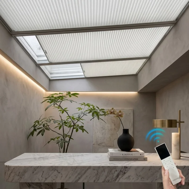 Custom Size Electric Skylight Cellular Blind UV Protection Wifi Alexa Google Remote Control Honeycomb Shades For Slanted Window