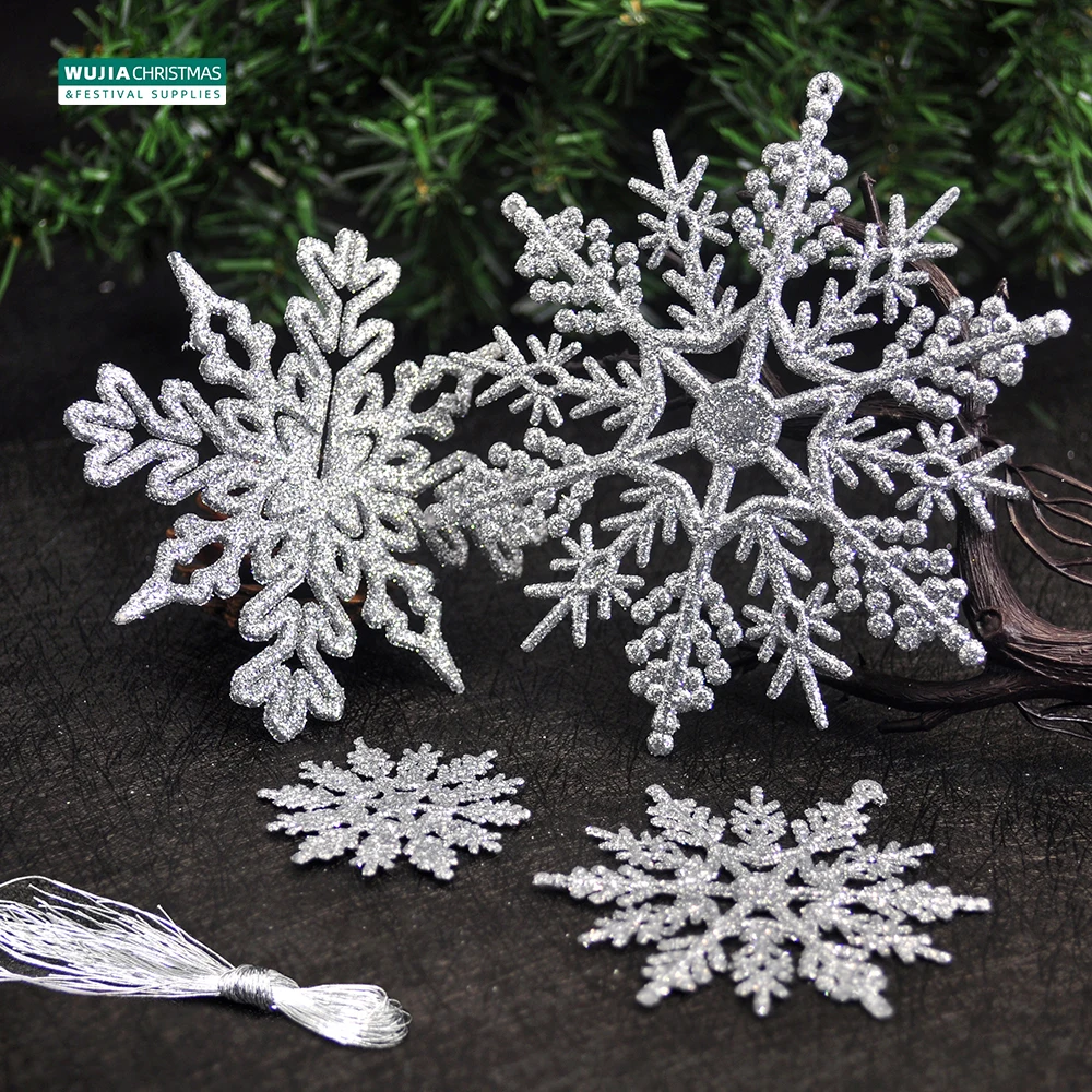 40Pcs/Set Silver Glitter Plastic Snowflake Ornaments Christmas Venue Decoration Xmas Tree Pendant for Home Winter Party Supplies