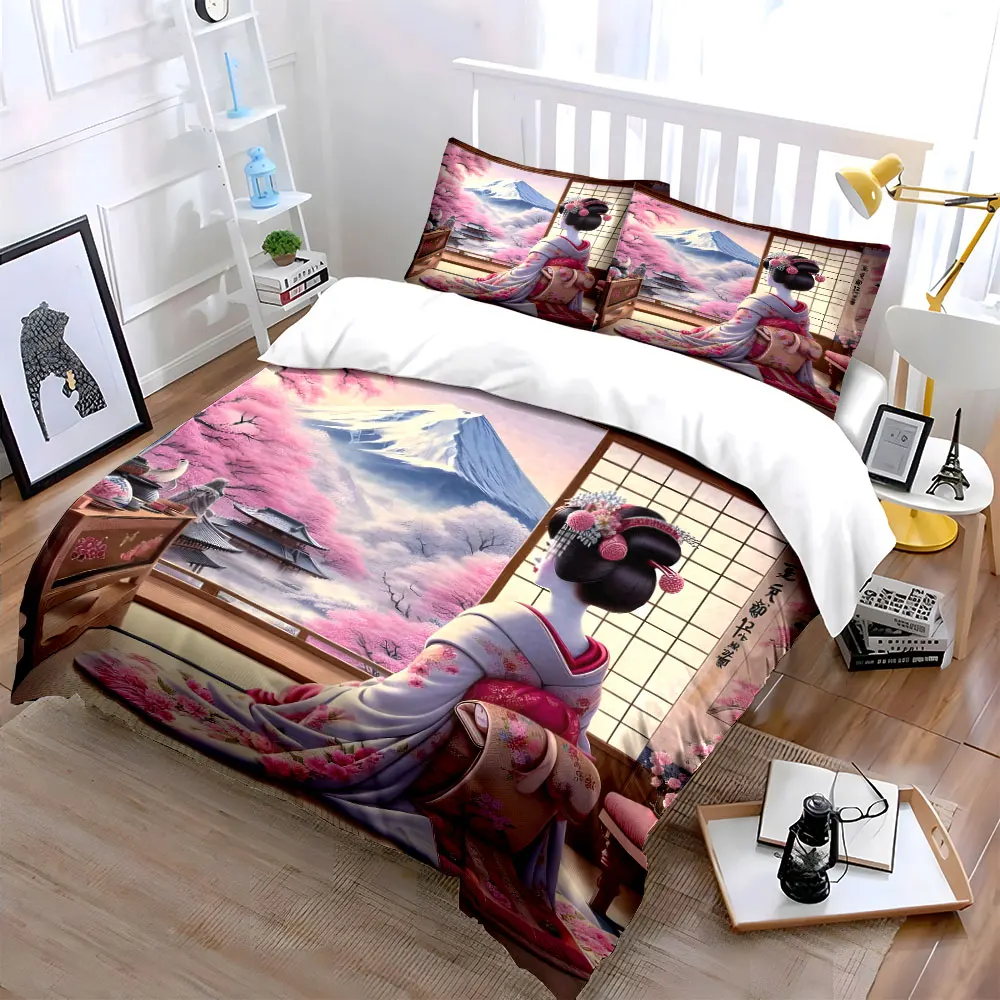 Kimono-clad woman gazes at Mount Fuji Print Soft Comfortable Duvet Cover Bedding Set Included 1*Duvet Cover 2*Pillowcases