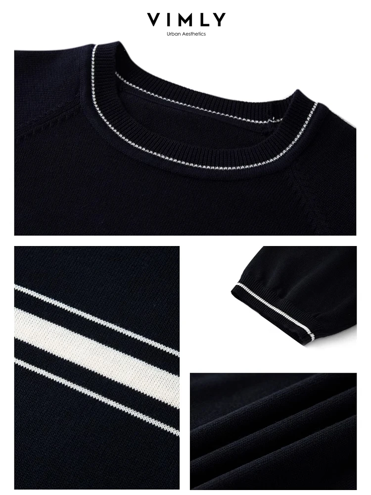 Vimly Contrast Striped Short Sleeve T-shirts Woman 2024 Summer High Strecth Simple Soft Knitted Pullovers Female Knitwear 72898