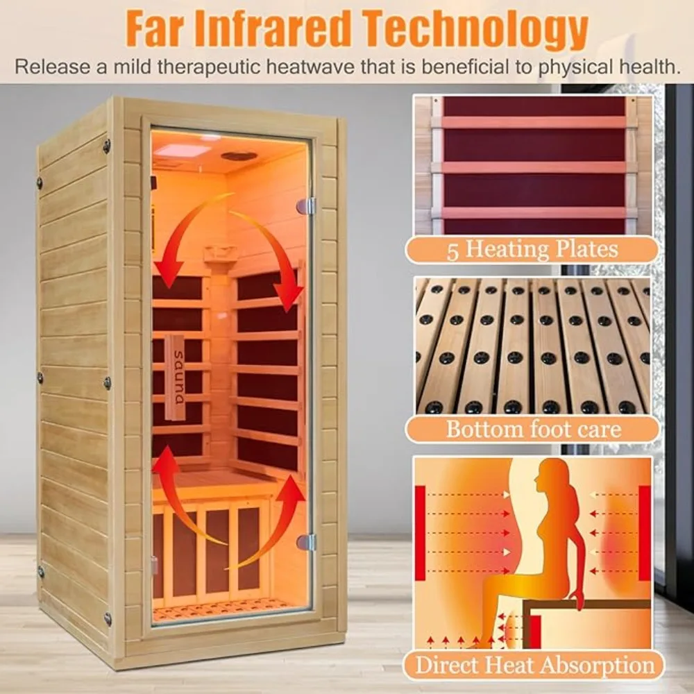 Infrared Home Sauna Room 1 Person Wooden Indoor Dry Sauna，Low EMF 1200W/110V Heaters Panels,LCD Control Panel