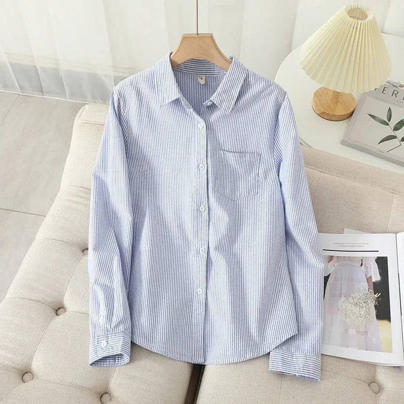 Women's Casual Cotton Oxford Shirt 2023 New Woman Striped Blouse and Tops Simple Solid Lady White Blue Shirts Clothes