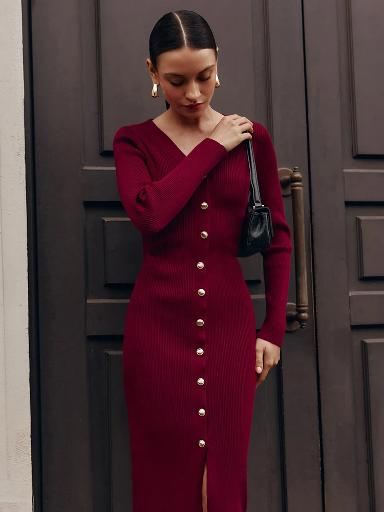 TARUXY Fall Winter Long Sleeve Knitted Dress Button Slit Female Sweater Cardigan Dresses Slim Solid Elegant Office Lady Clothes