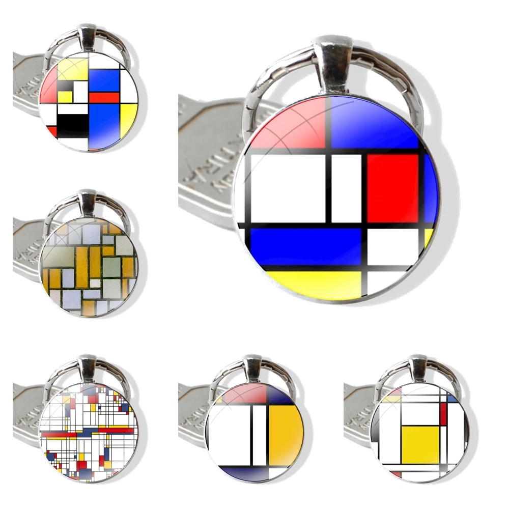 Keychain Glass Cabochon Metal Pendant Classic Men's Women's Keyring Mondrian grid