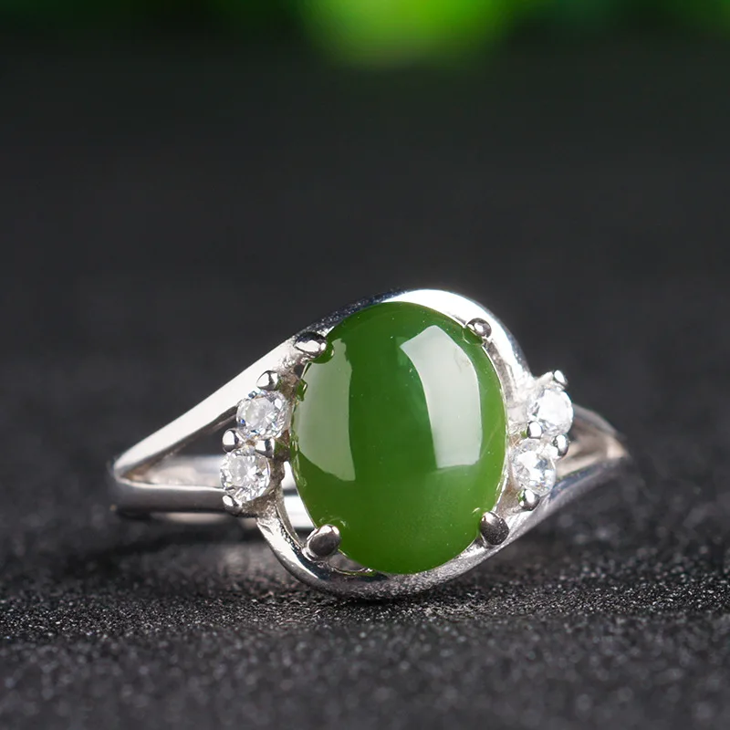 925 Silver Inlaid Hetian , Green , Adjustable Open , Women'S Jade Ring