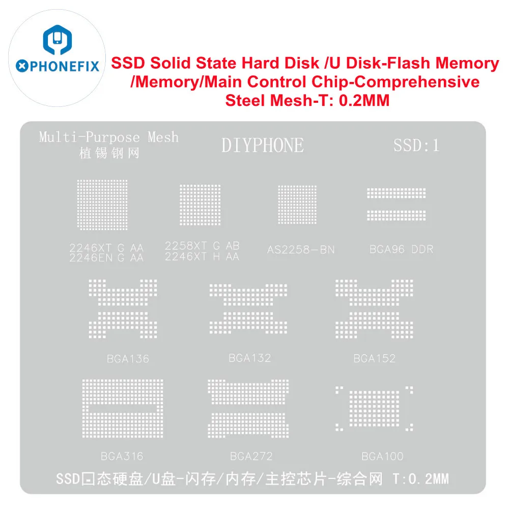 Plantilla de Reballing SSD1 BGA para SSD, disco duro de estado sólido, Memoria Flash BGA 100, 152, 316, 272, plantación de estaño, 2246, 2258, punta de red de acero